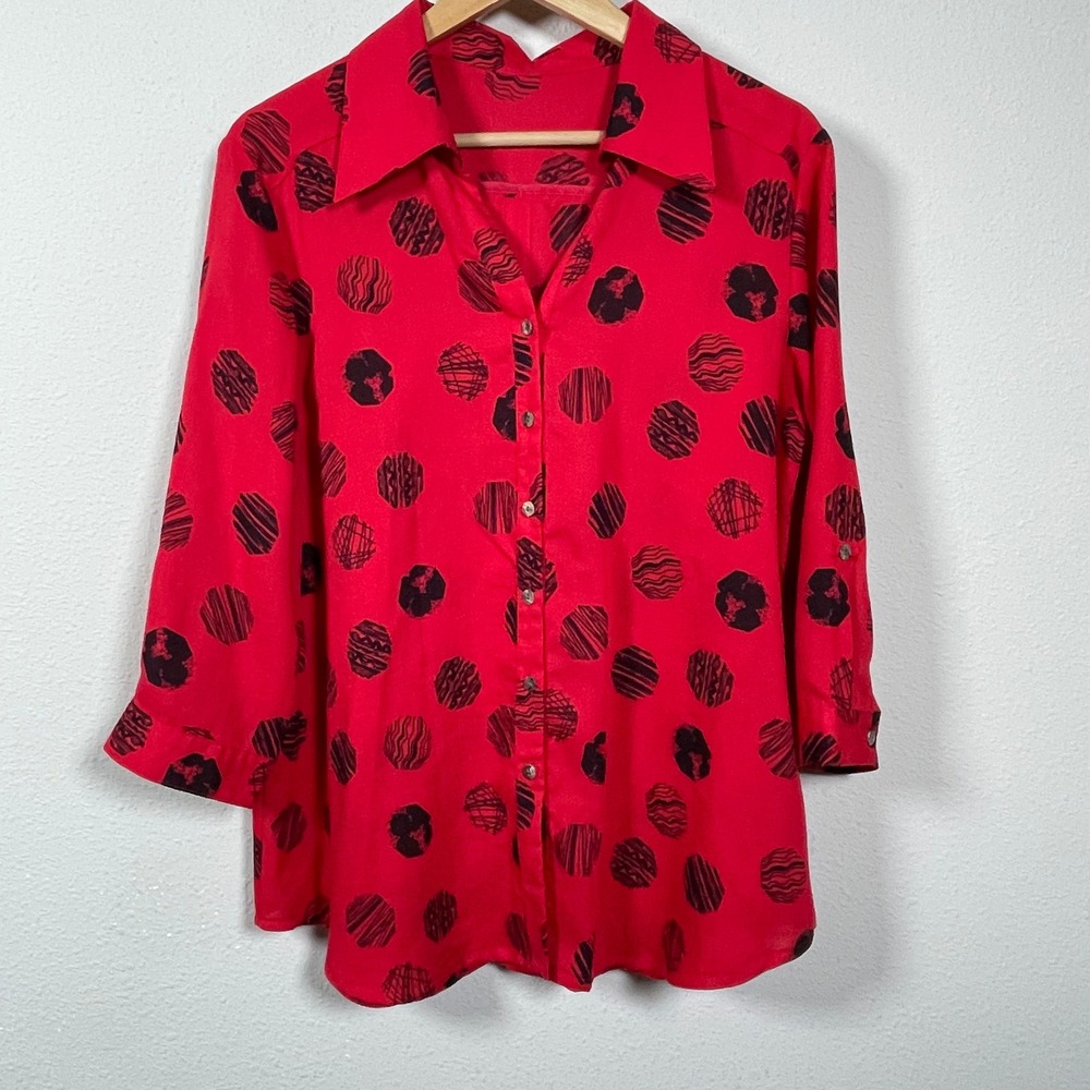Fridaze Linen Shirt S Red Black Geometric 3/4 Lagenlook Artsy Sleeve Blouse